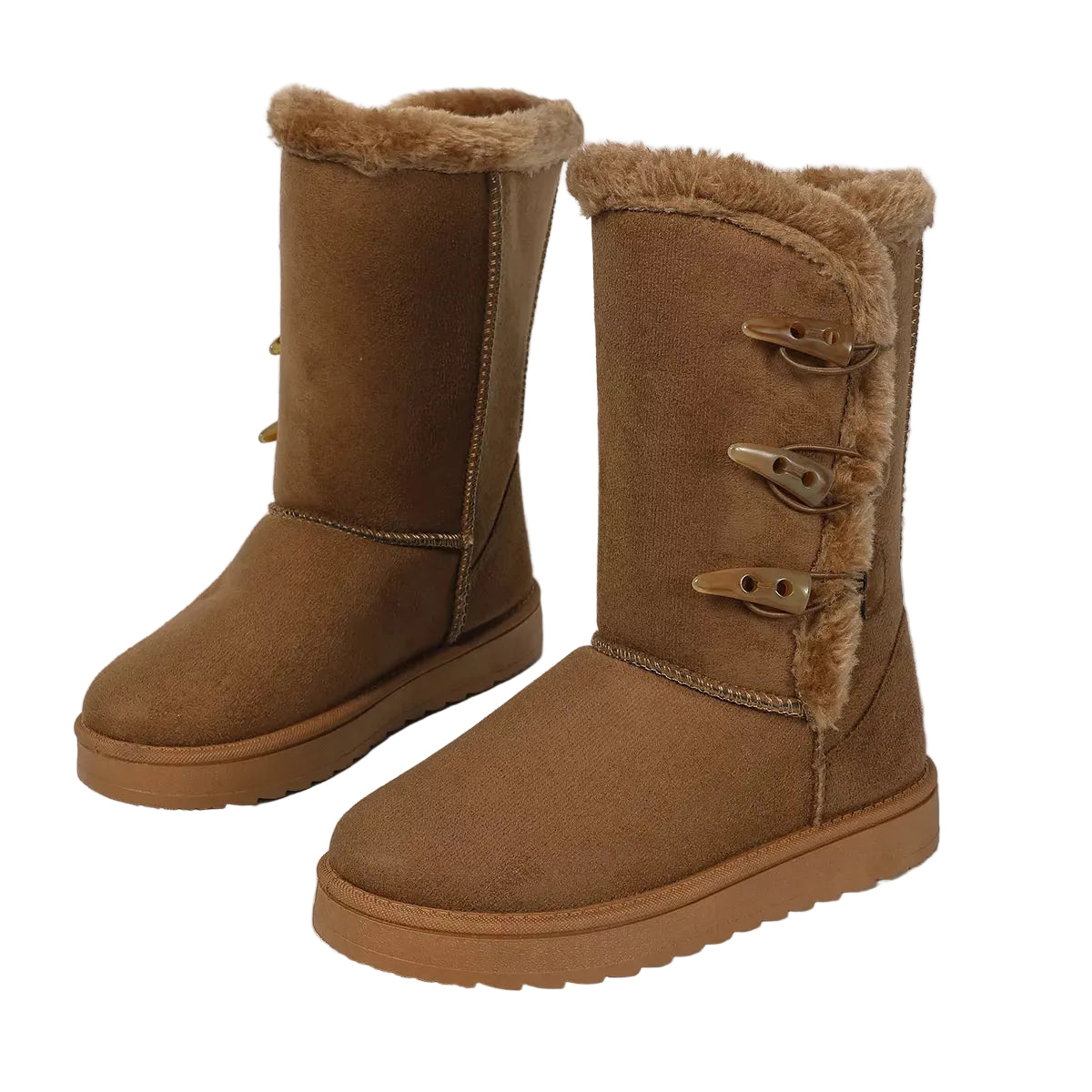 A pair of mid-calf brown suede boots with plush tan faux-fur trim at the top and decorative toggle closures on the front, photographed on a light gray studio background.