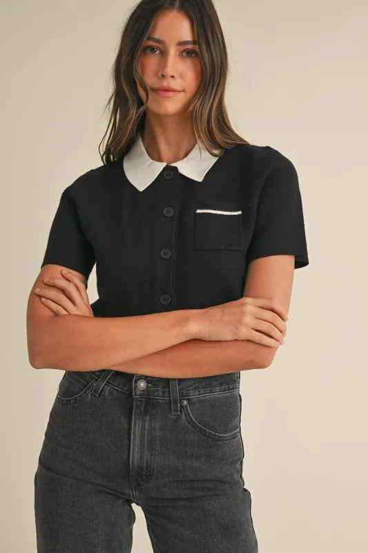 Button Down Contrast Collared Knit Cardigan.