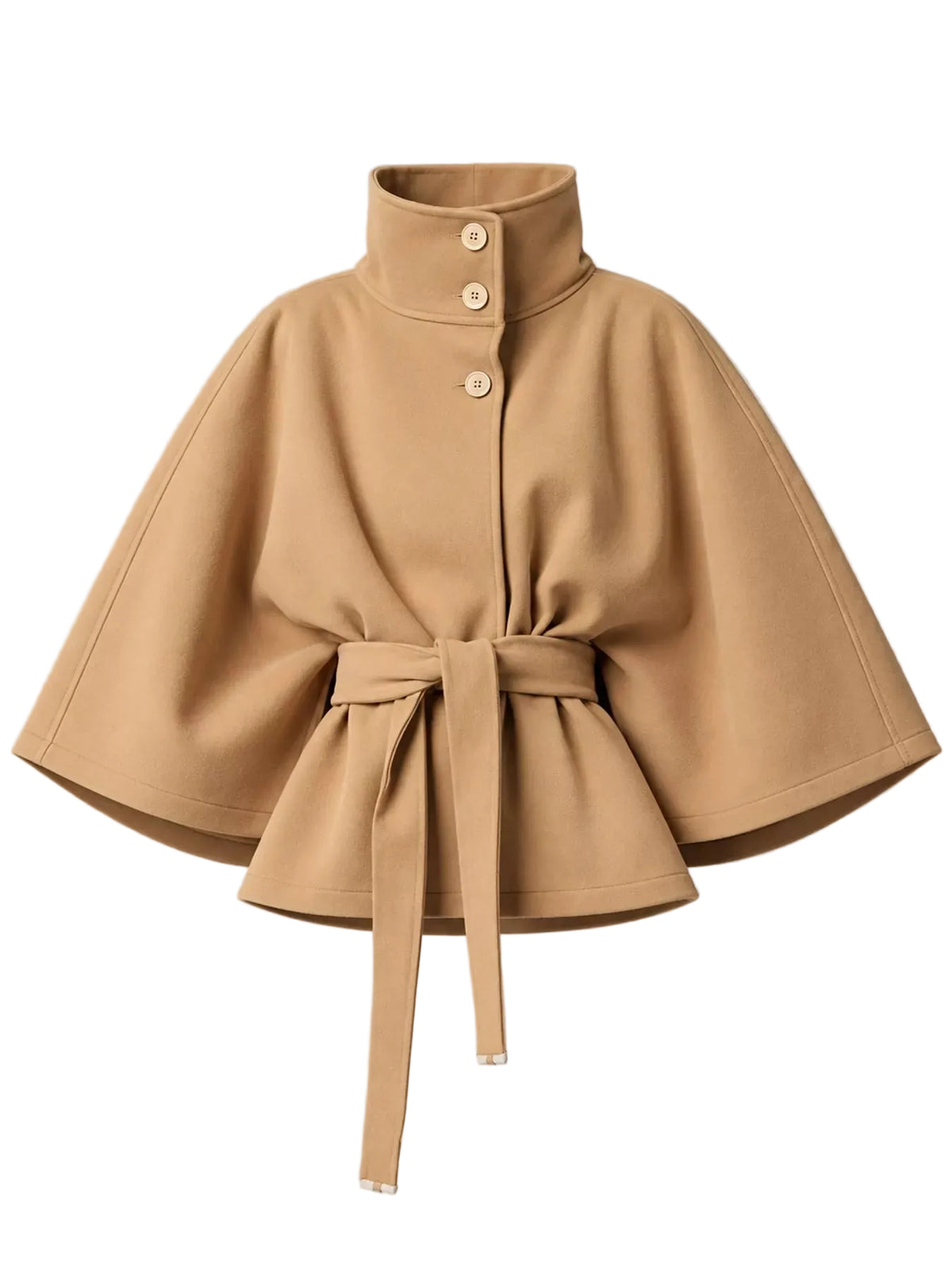 A camel-colored cape-style jacket with a high stand collar, three decorative buttons at the neck, and a matching fabric tie belt at the waist, shown against a neutral gray background.