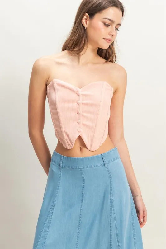 Buttoned Front Strapless Knit Bustier Top.