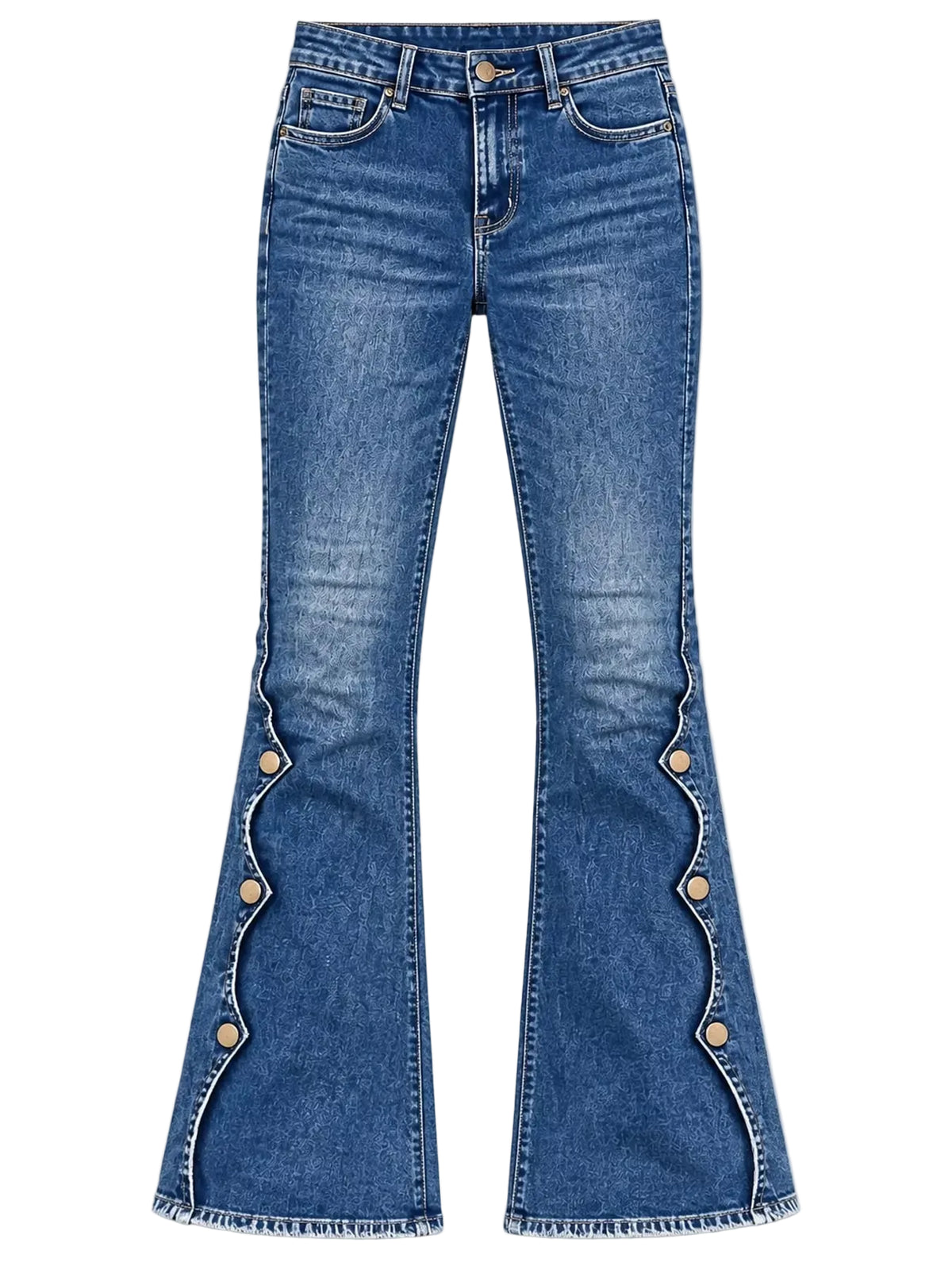 Medium wash blue denim flare jeans with scalloped button details down the outer legs, shown flat on a light beige background.