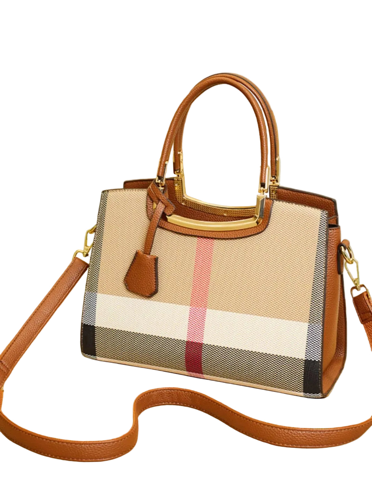 A structured tote handbag with a beige plaid pattern, brown leather trim and handles, and gold-tone hardware, displayed on a light wood surface.