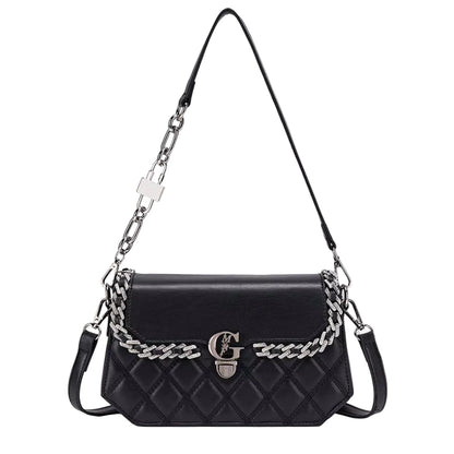 A black quilted leather shoulder bag with a silver chain strap and a prominent interlocking 'G' logo clasp on a light gray background.