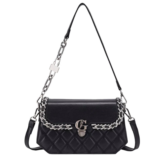 A black quilted leather shoulder bag with a silver chain strap and a prominent interlocking 'G' logo clasp on a light gray background.