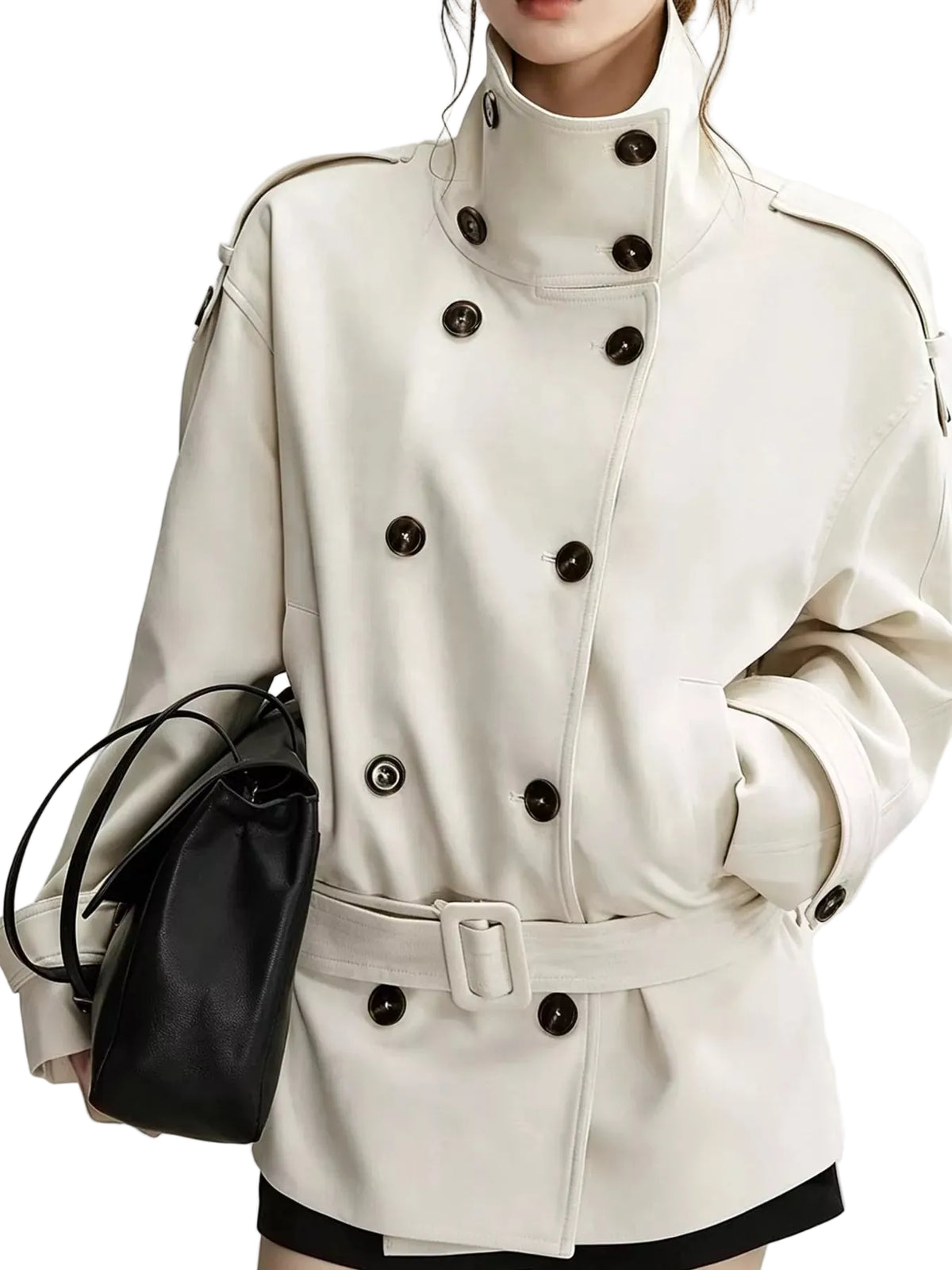 A close-up of a model wearing a cream-colored double-breasted trench coat with dark buttons and a matching belt, holding a black leather handbag against a plain light background.