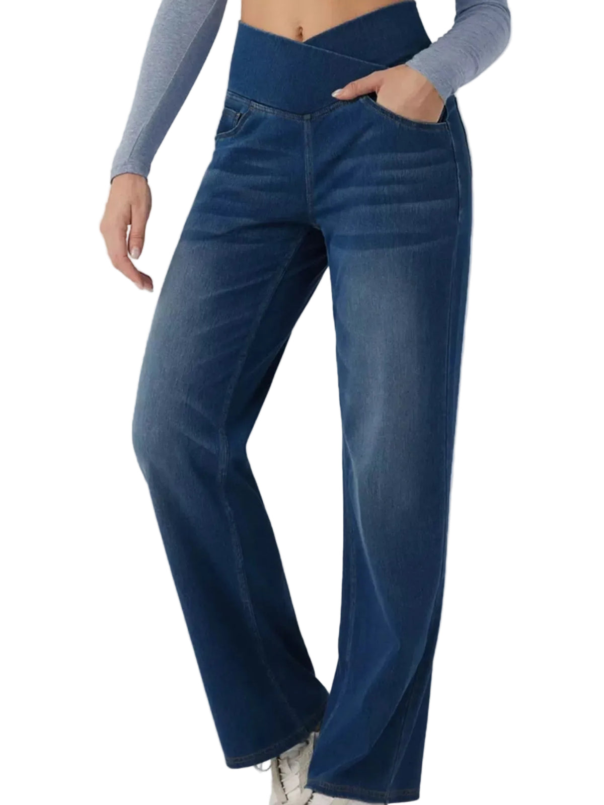 A person wearing dark blue high-waisted wide-leg jeans with a side pocket, paired with a gray long-sleeve top, shown from the waist down against a light gray background.