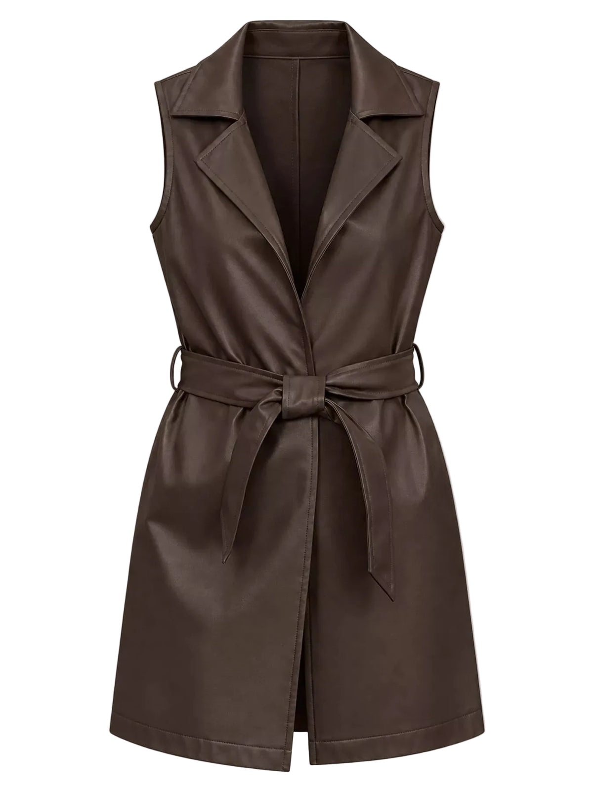 A dark brown faux-leather sleeveless wrap vest with a collar, tie waist belt, and front slit, shown on a neutral light beige background.