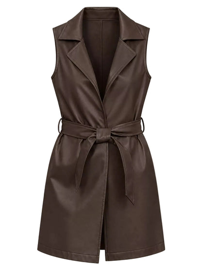 A dark brown faux-leather sleeveless wrap vest with a collar, tie waist belt, and front slit, shown on a neutral light beige background.