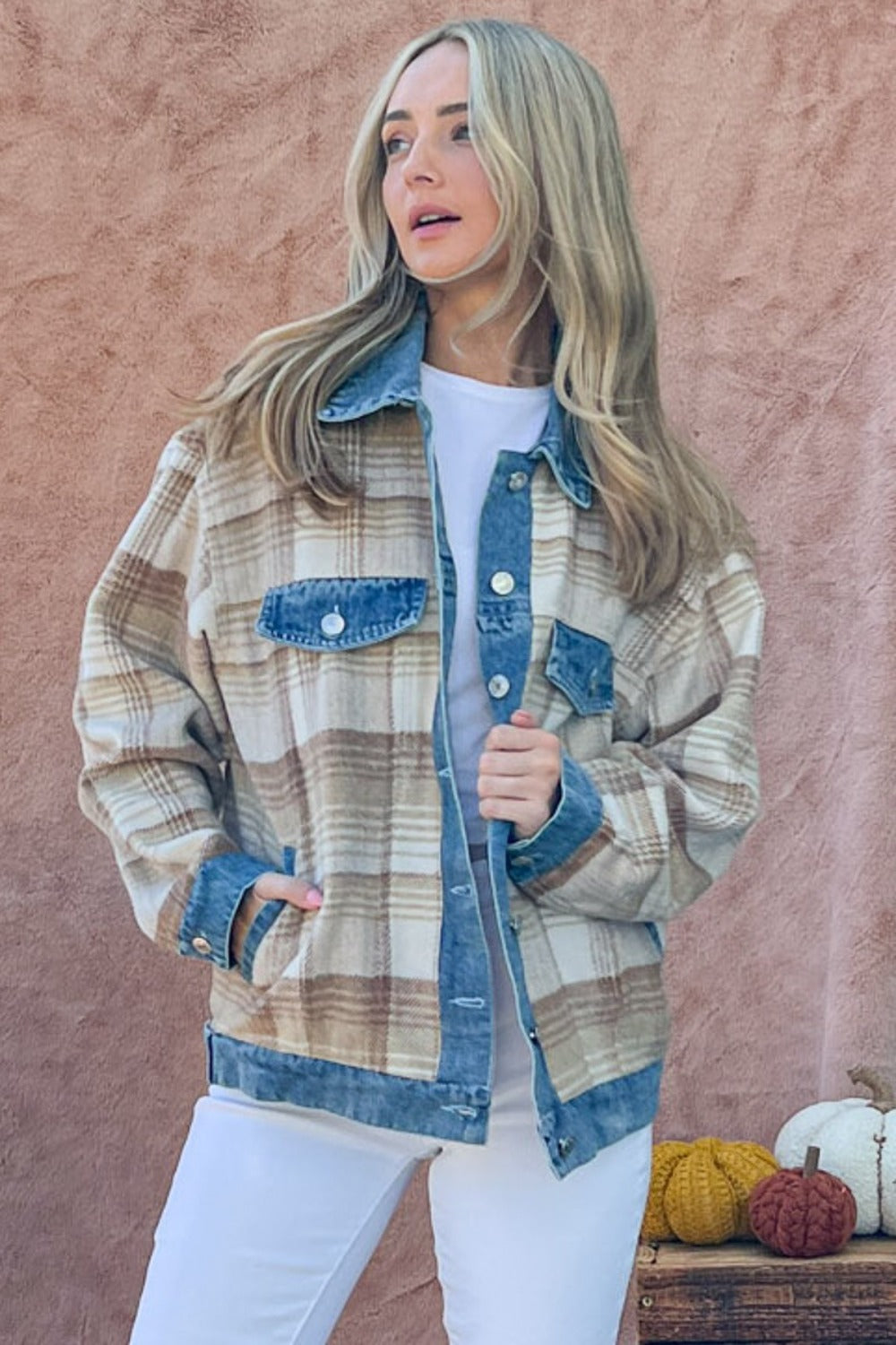 Full Size Washed Denim Detail Brushed Plaid Jacket