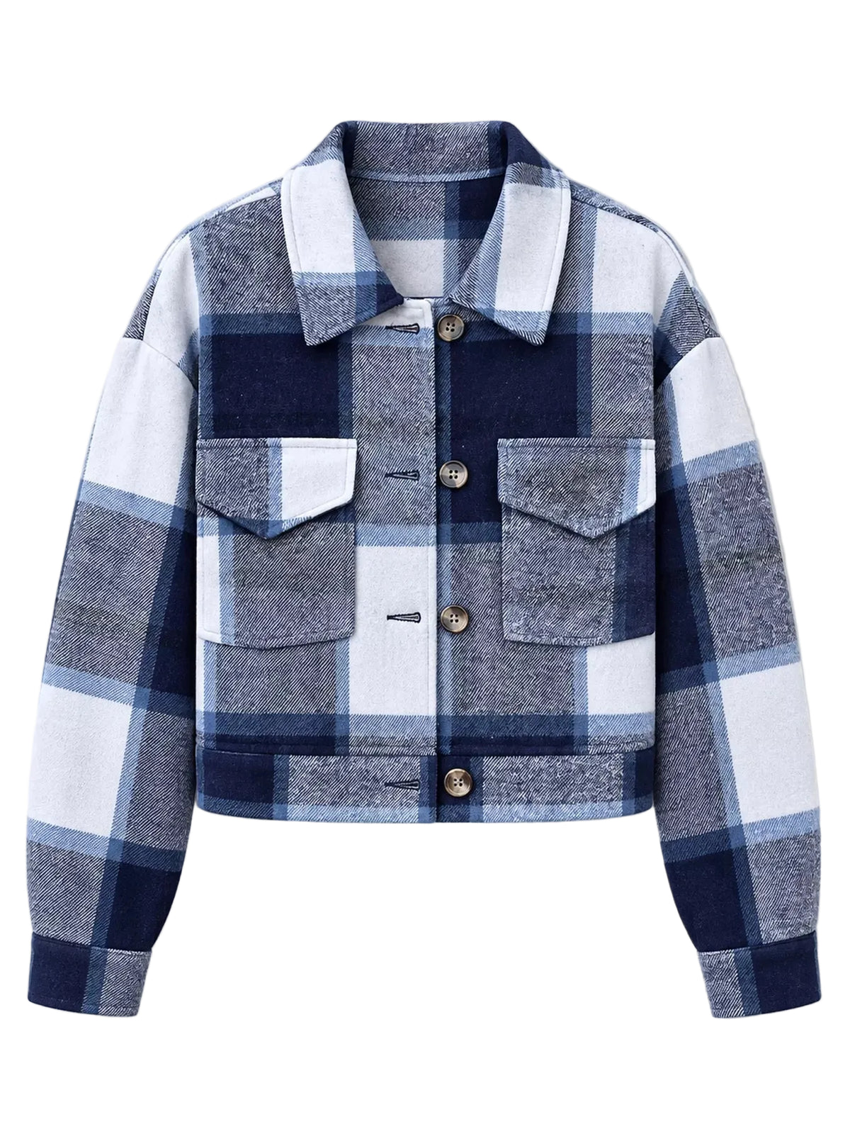 A cropped plaid jacket with a navy, blue, gray, and white buffalo check pattern, featuring a pointed collar, button-front closure, and two flap chest pockets, shown on a light gray background.