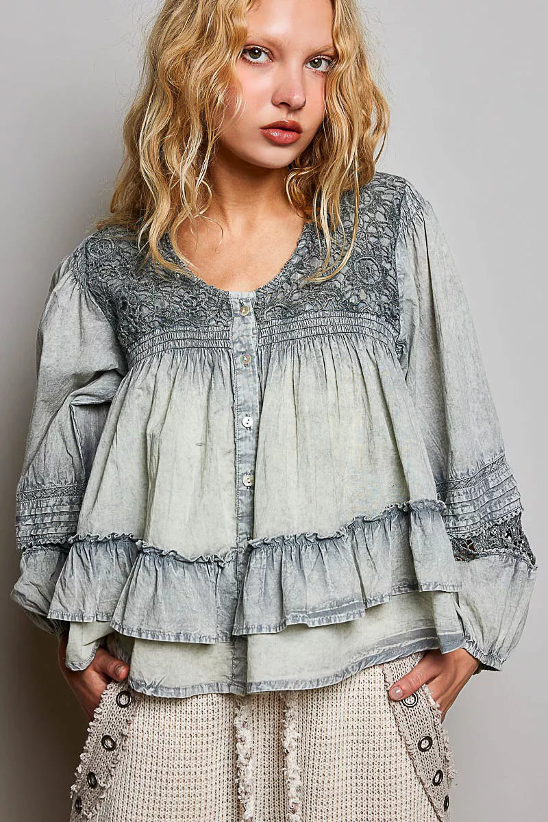 Washed Layered Lace Pintuck Flared Woven Blouse
