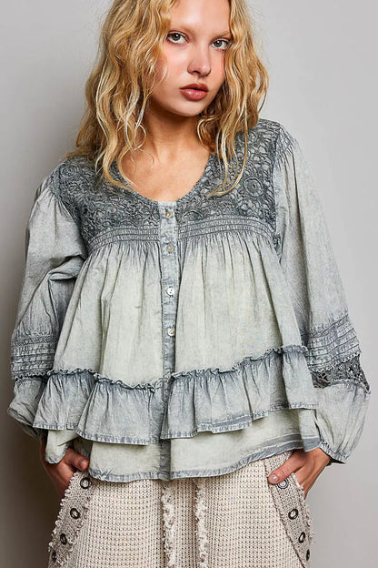 Washed Layered Lace Pintuck Flared Woven Blouse
