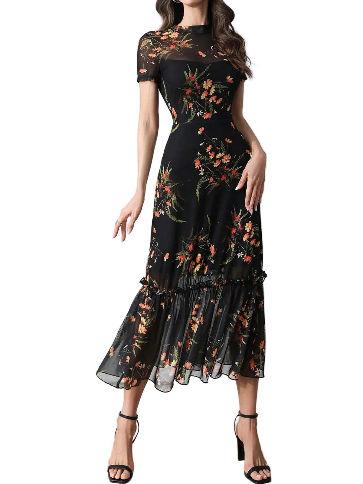 Floral print midi dress with sheer overlay and ruffle hem