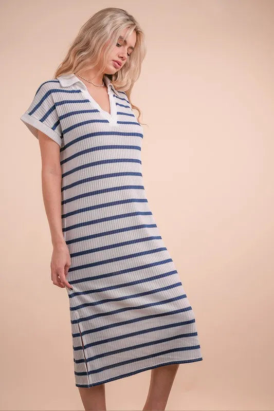 Oversized Collared Striped Knit Midi Dress.