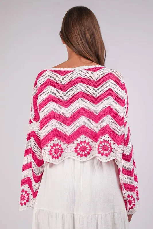 Chevron & Floral Pattern Crochet Knit Top.