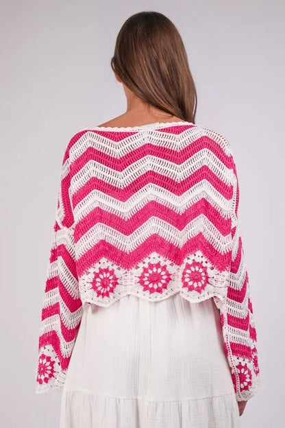 Chevron & Floral Pattern Crochet Knit Top.