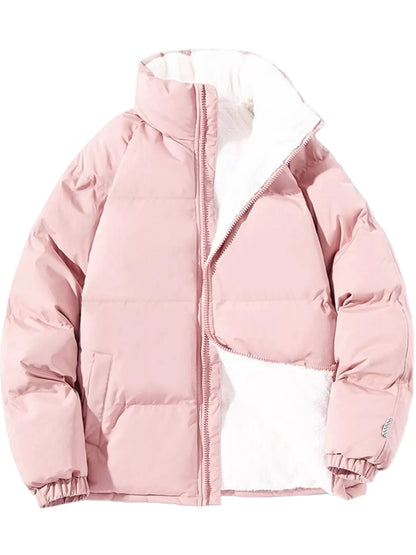 A pink puffer jacket with a white faux-fur lining, featuring a high collar, front zipper, and elasticized cuffs, shown against a white background with a soft shadow.