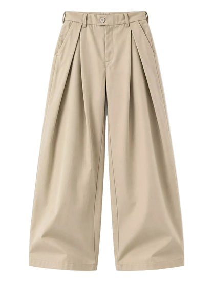 A pair of beige wide-leg cropped trousers with pleated front details, shown flat against a plain white background.