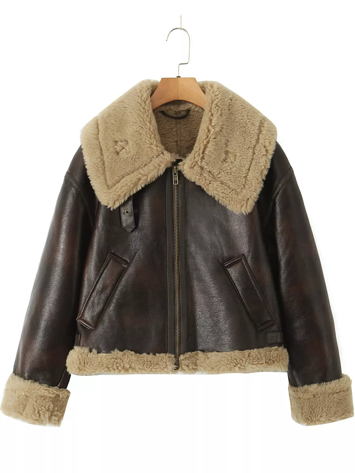 Vintage-inspired faux leather aviator jacket with plush shearling trim