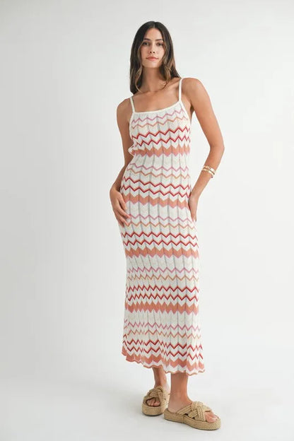 Lightweight Pointelle Chevron Knit Maxi Dress.