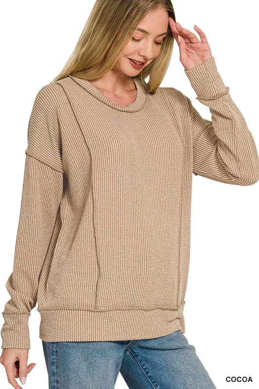 Corded Rib Long Sleeve Round Neck Top