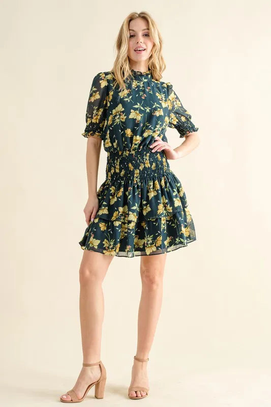 Floral Print Smocked Waist Mini Dress.