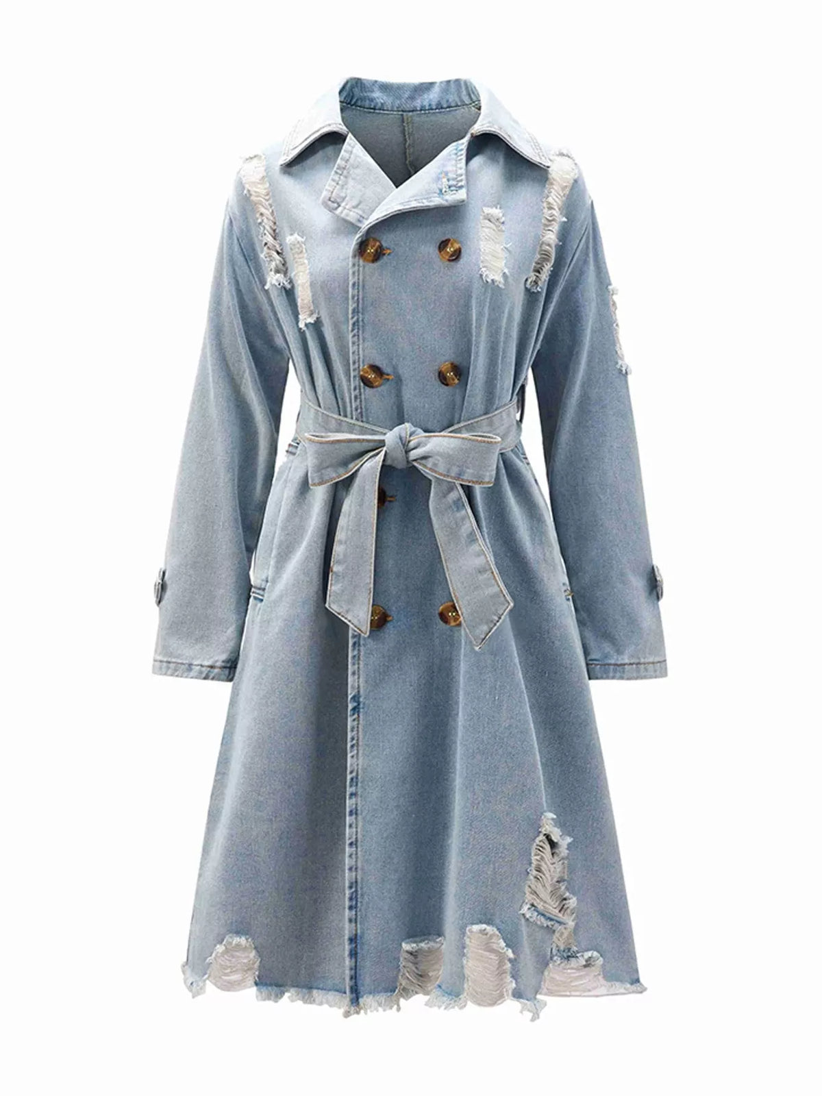 A light blue denim trench coat with distressed rips, brown buttons, and a matching tie belt, shown against a plain white background.