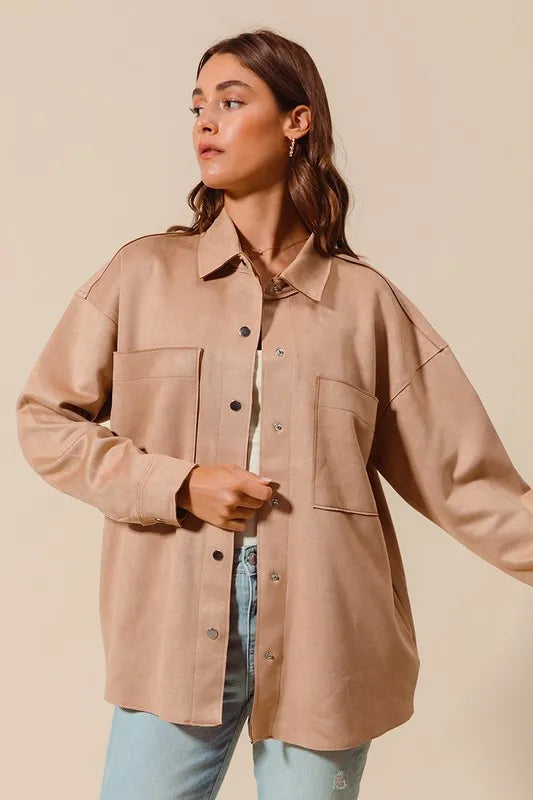 Suede Snap Shacket with Collar and Pockets.