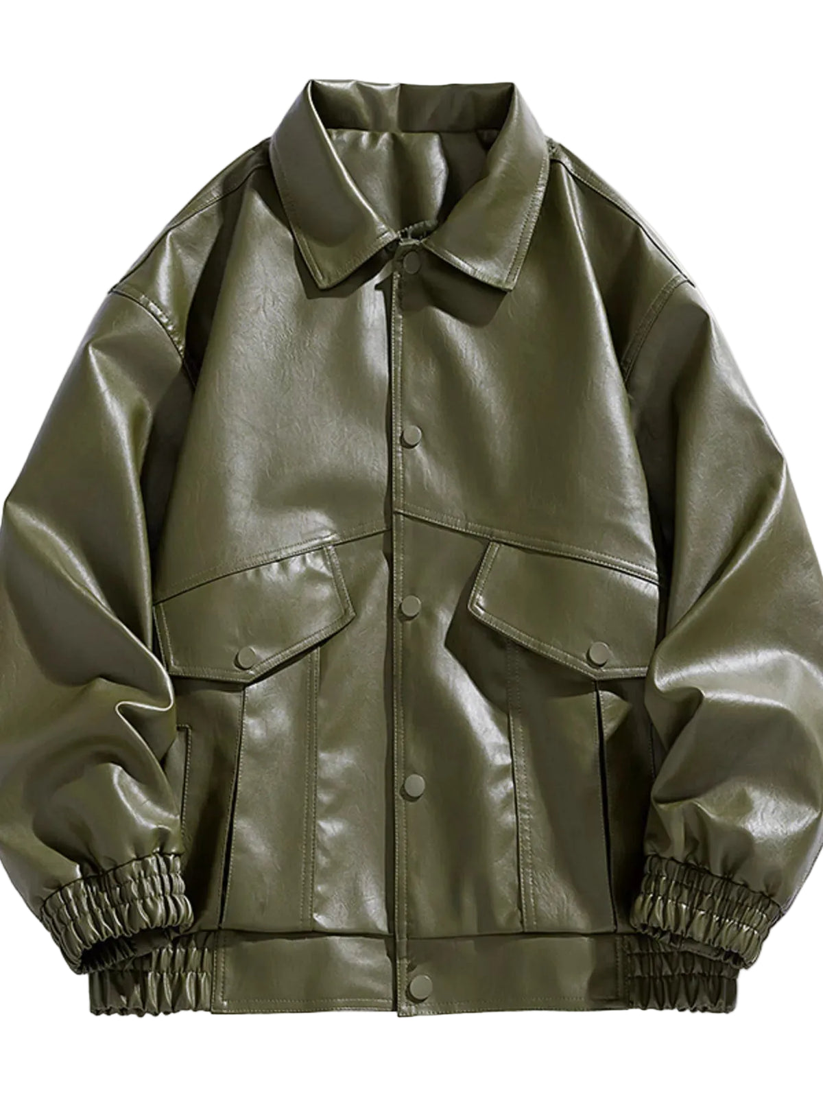 An olive green faux leather jacket with a pointed collar, snap-button front, flap chest pockets, and elasticized cuffs and hem, shown on a plain white background.