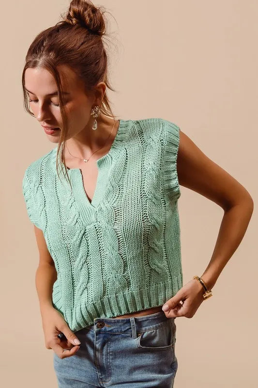 Notched Neck Cable Knit Sweater Vest.