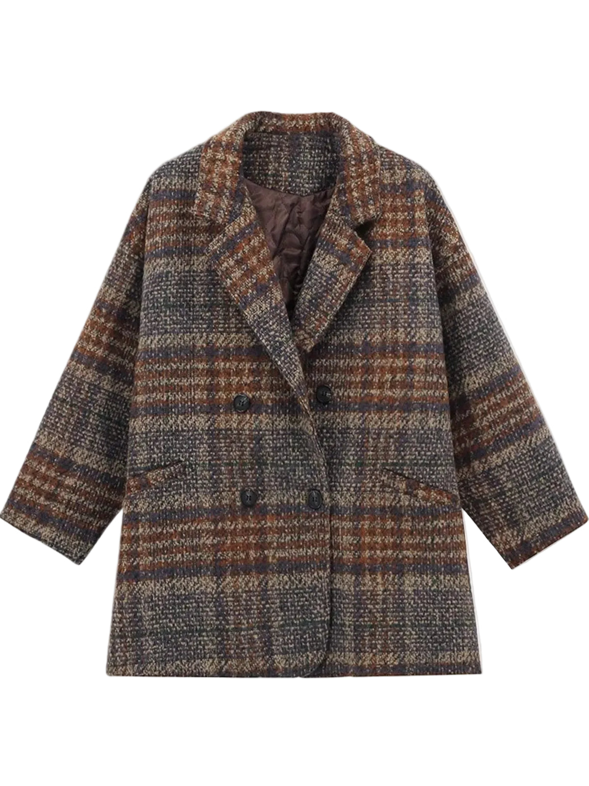 Women's vintage brown plaid double-breasted coat product view | KRIFFA