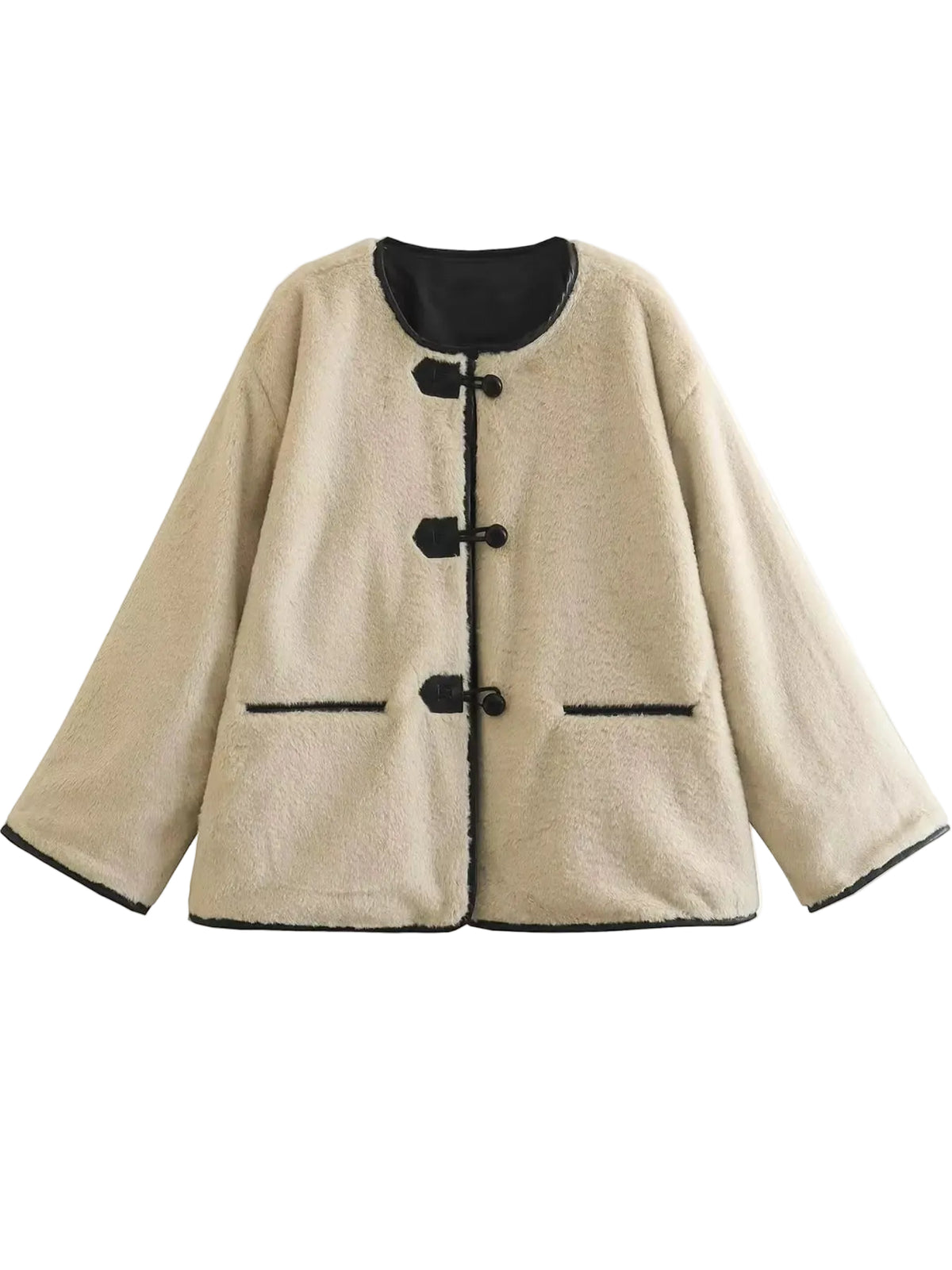 A beige textured jacket with black trim, black buttons, and black lining details, displayed against a solid white background.