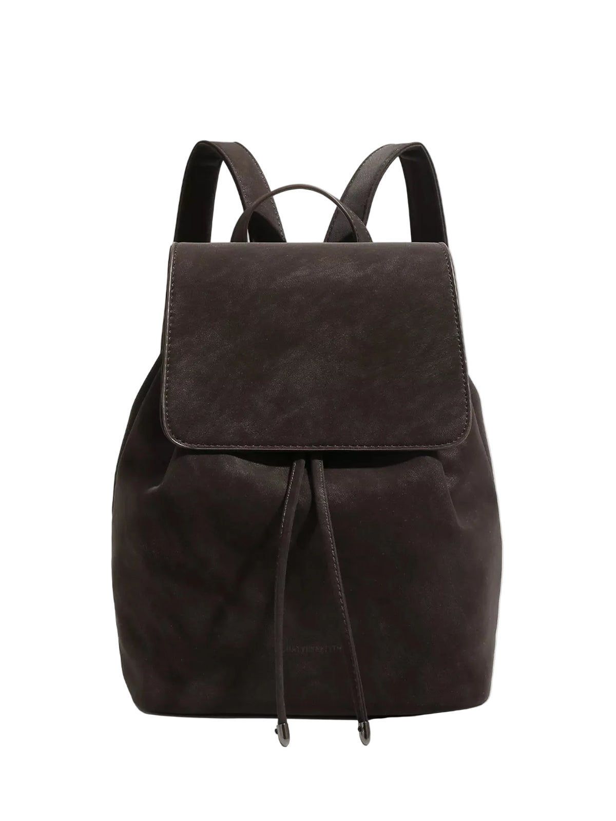 A dark brown suede backpack with a front flap and drawstring closure, photographed against a clean white background.