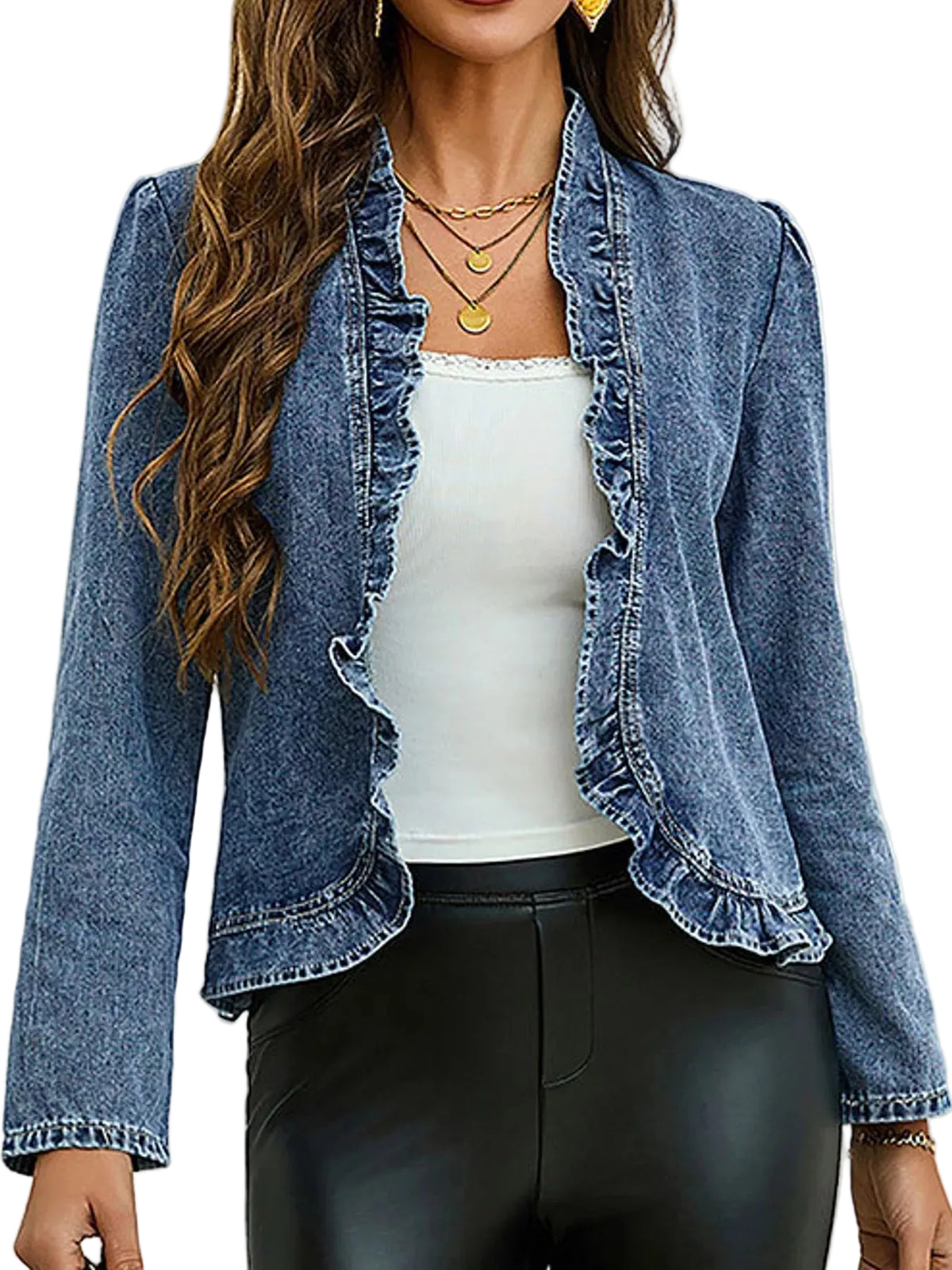Open Front Ruffled Trim Washed Denim Jacket