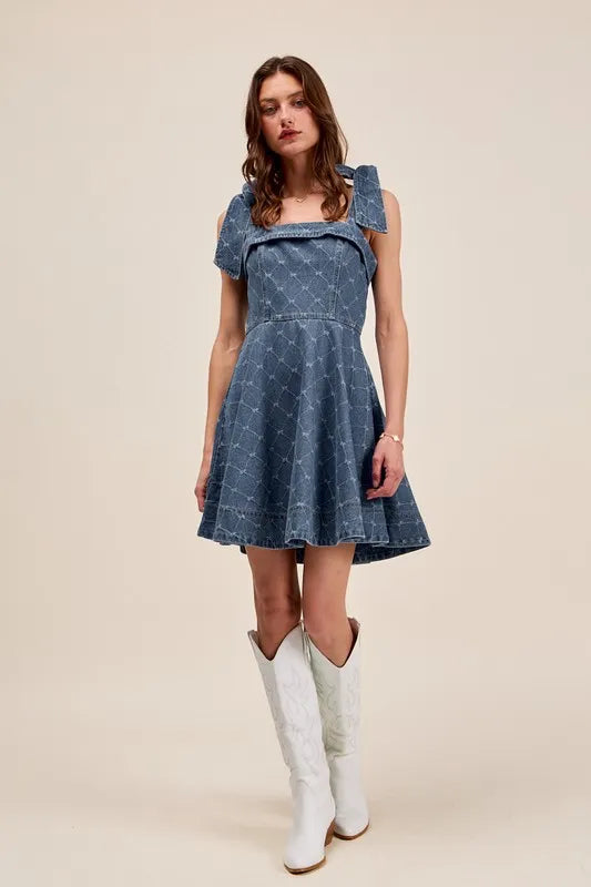 A Line Fit and Flare Diamond Bow Ribbon Denim Dres.