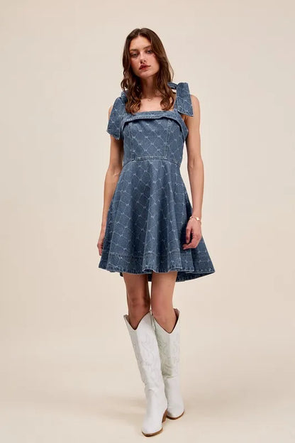 A Line Fit and Flare Diamond Bow Ribbon Denim Dres.