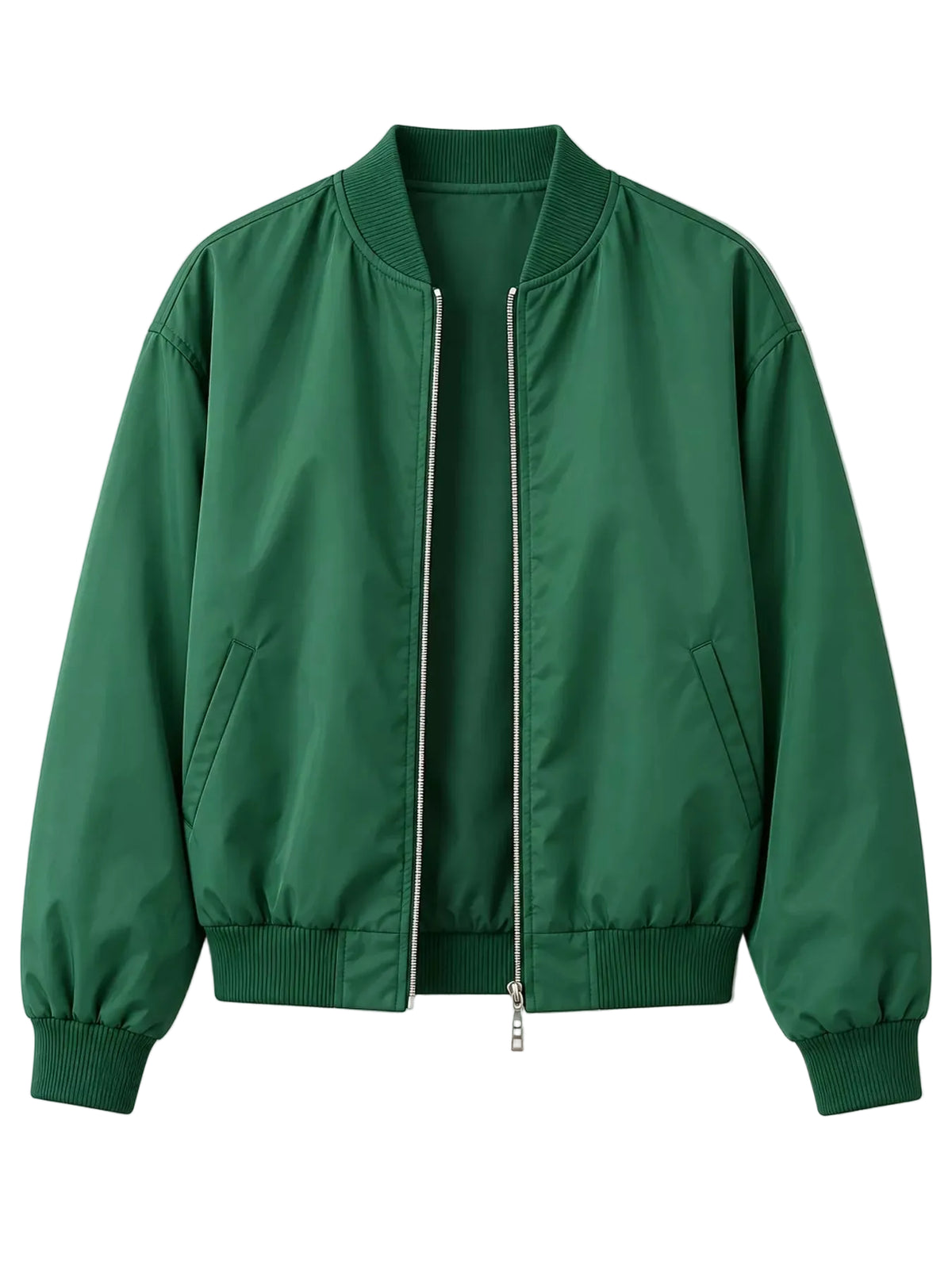 A green bomber jacket with a silver zipper, ribbed collar, cuffs, and hem, displayed flat against a light off-white background.