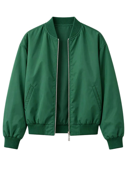 A green bomber jacket with a silver zipper, ribbed collar, cuffs, and hem, displayed flat against a light off-white background.
