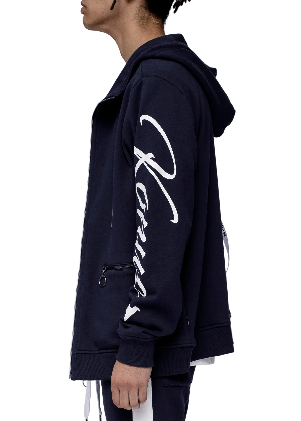 Person wearing a navy hoodie with white text on a white background