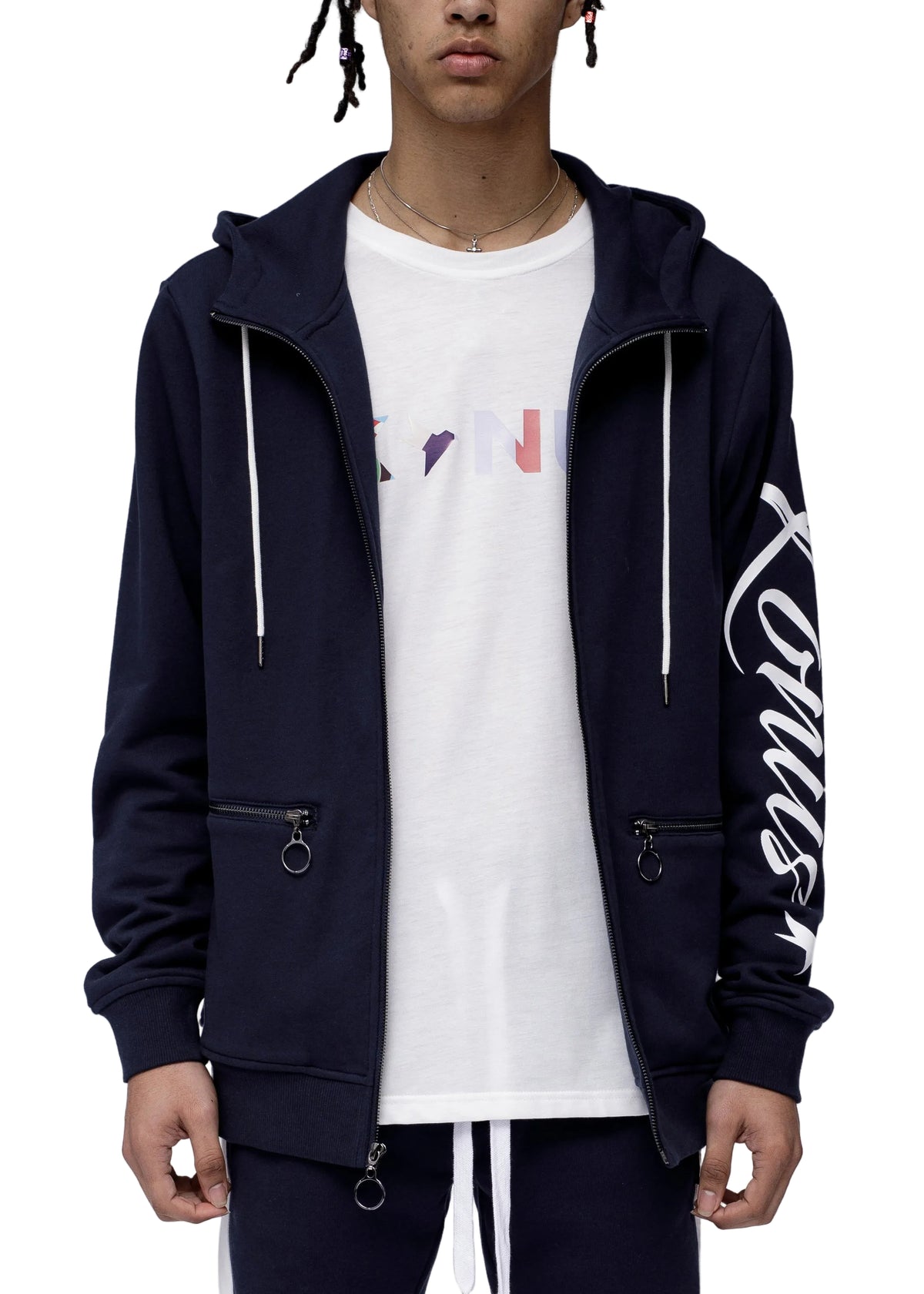 Person wearing a navy blue hoodie with white text and a white t-shirt underneath on a white background