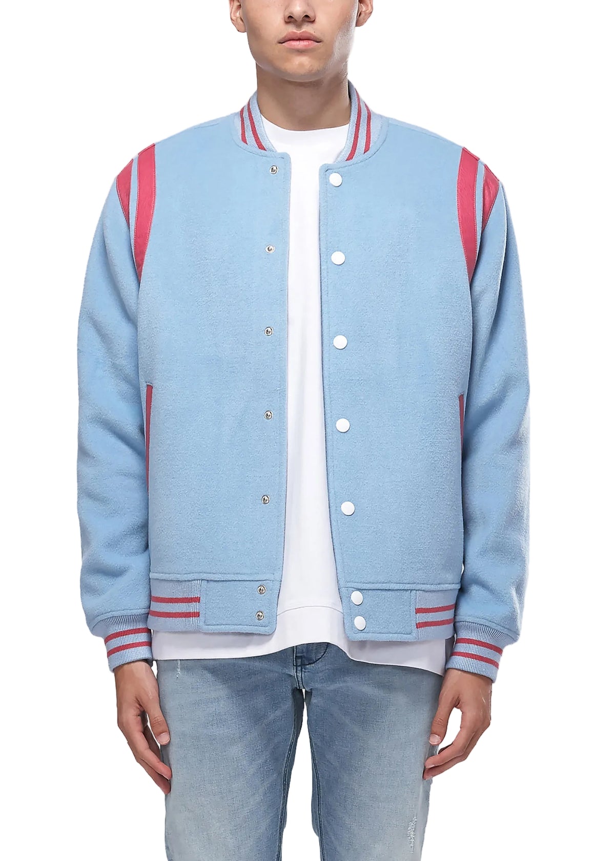 Person wearing a light blue varsity jacket with red stripes on a white background