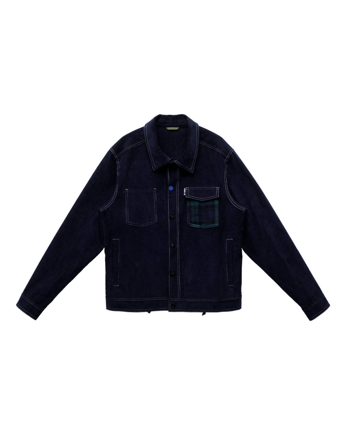 Navy blue jacket with plaid pocket on a white background