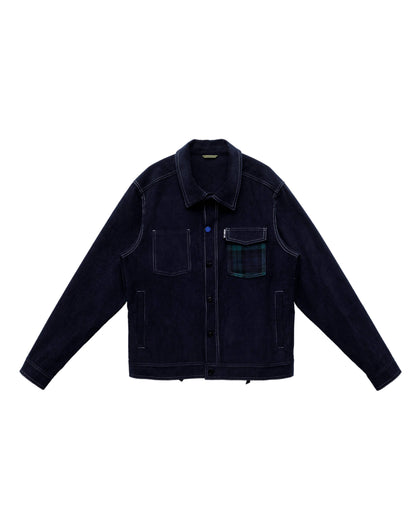 Navy blue jacket with plaid pocket on a white background