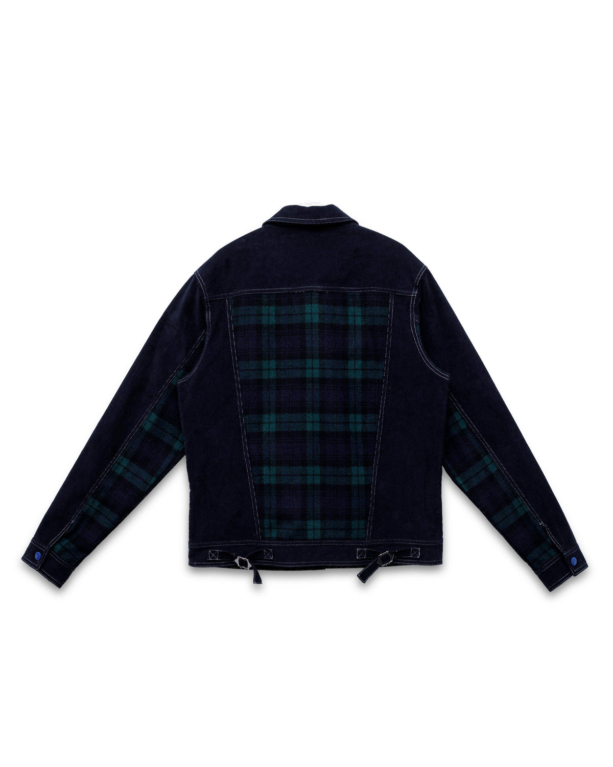 Black denim jacket with plaid pattern on a white background