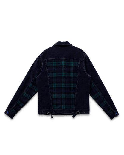 Black denim jacket with plaid pattern on a white background