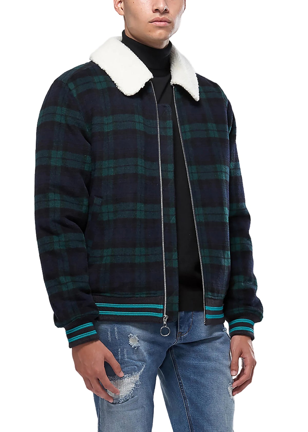 Person wearing a plaid jacket with a white collar on a white background
