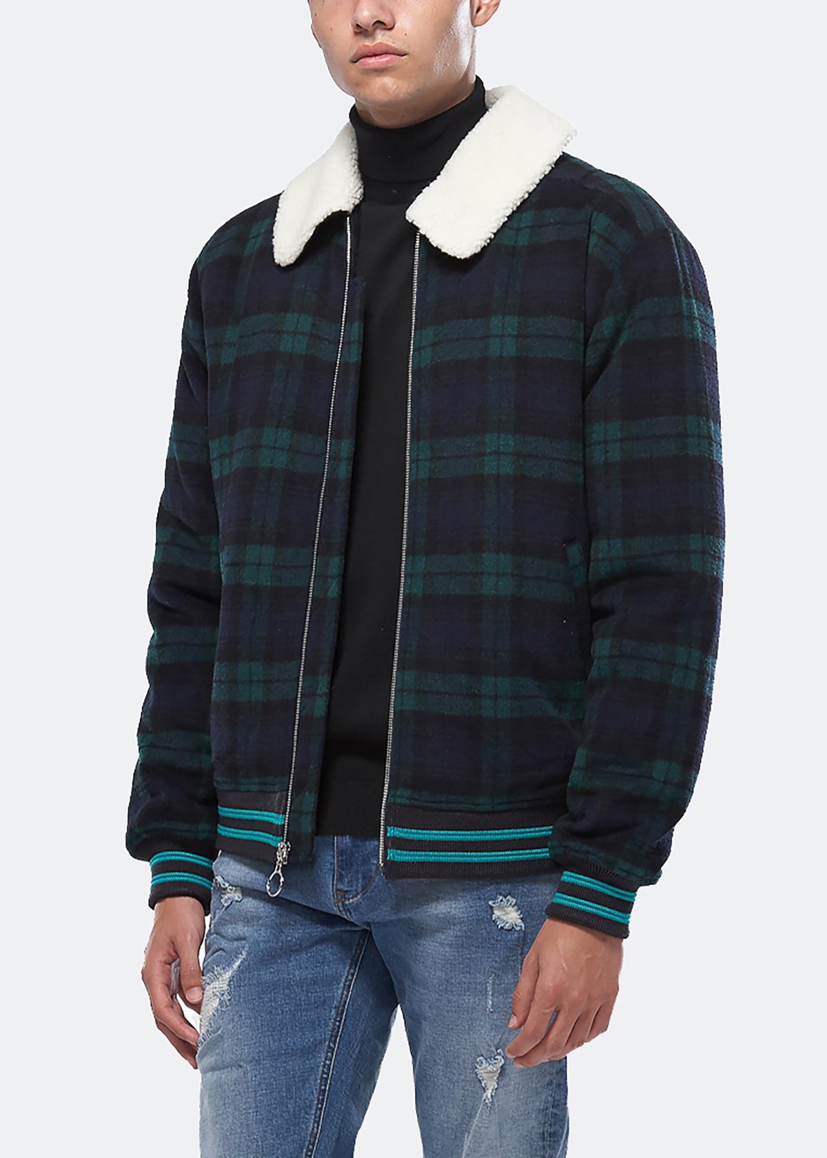 Wool Blend Plaid Jacket with Sherpa Collar | Green