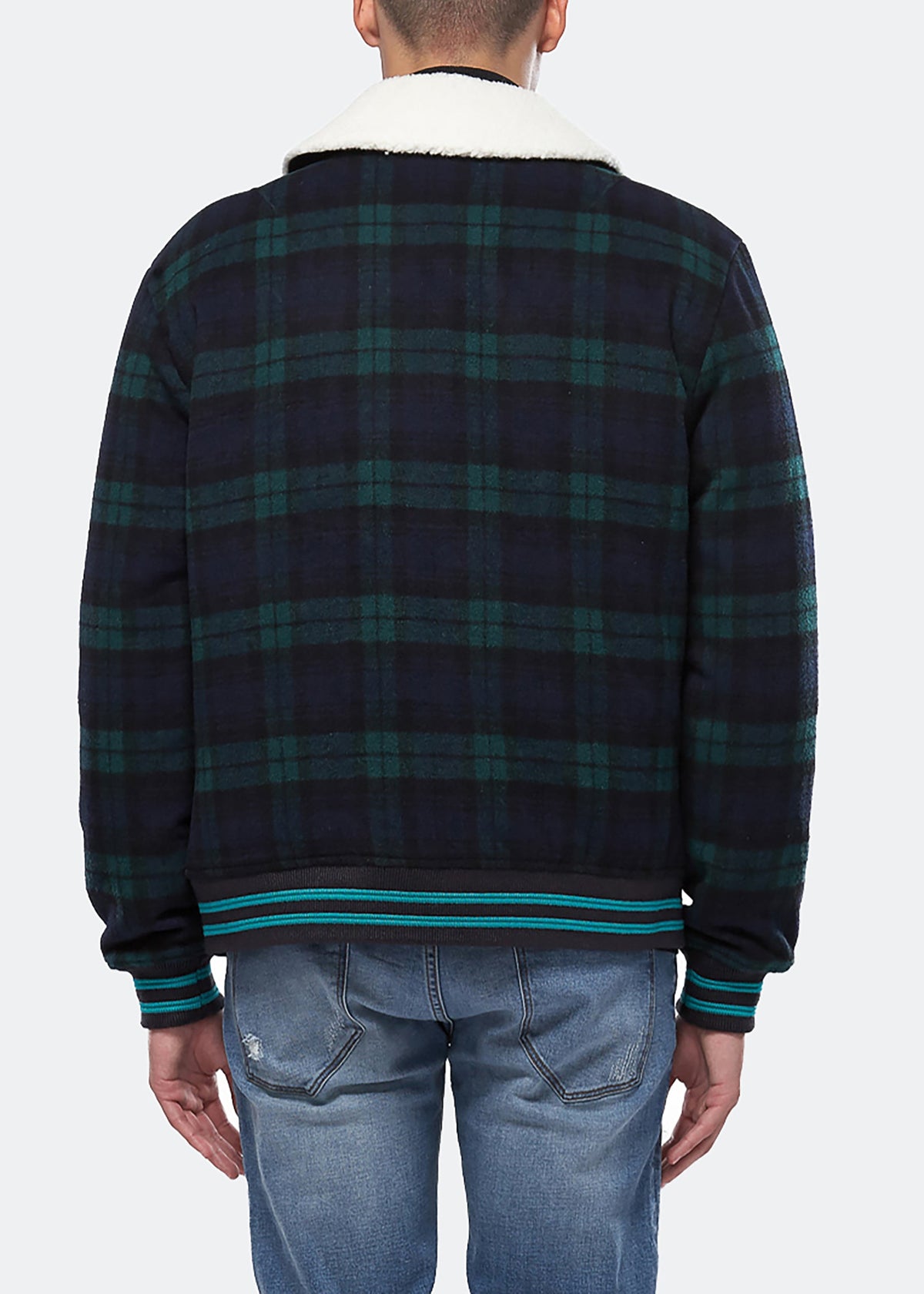 Wool Blend Plaid Jacket with Sherpa Collar | Green