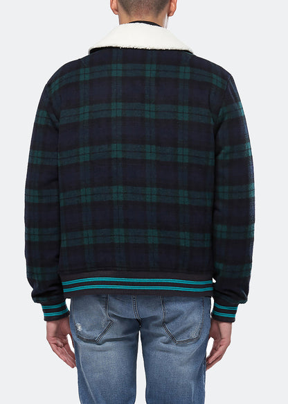 Wool Blend Plaid Jacket with Sherpa Collar | Green