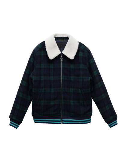 Wool Blend Plaid Jacket with Sherpa Collar | Green